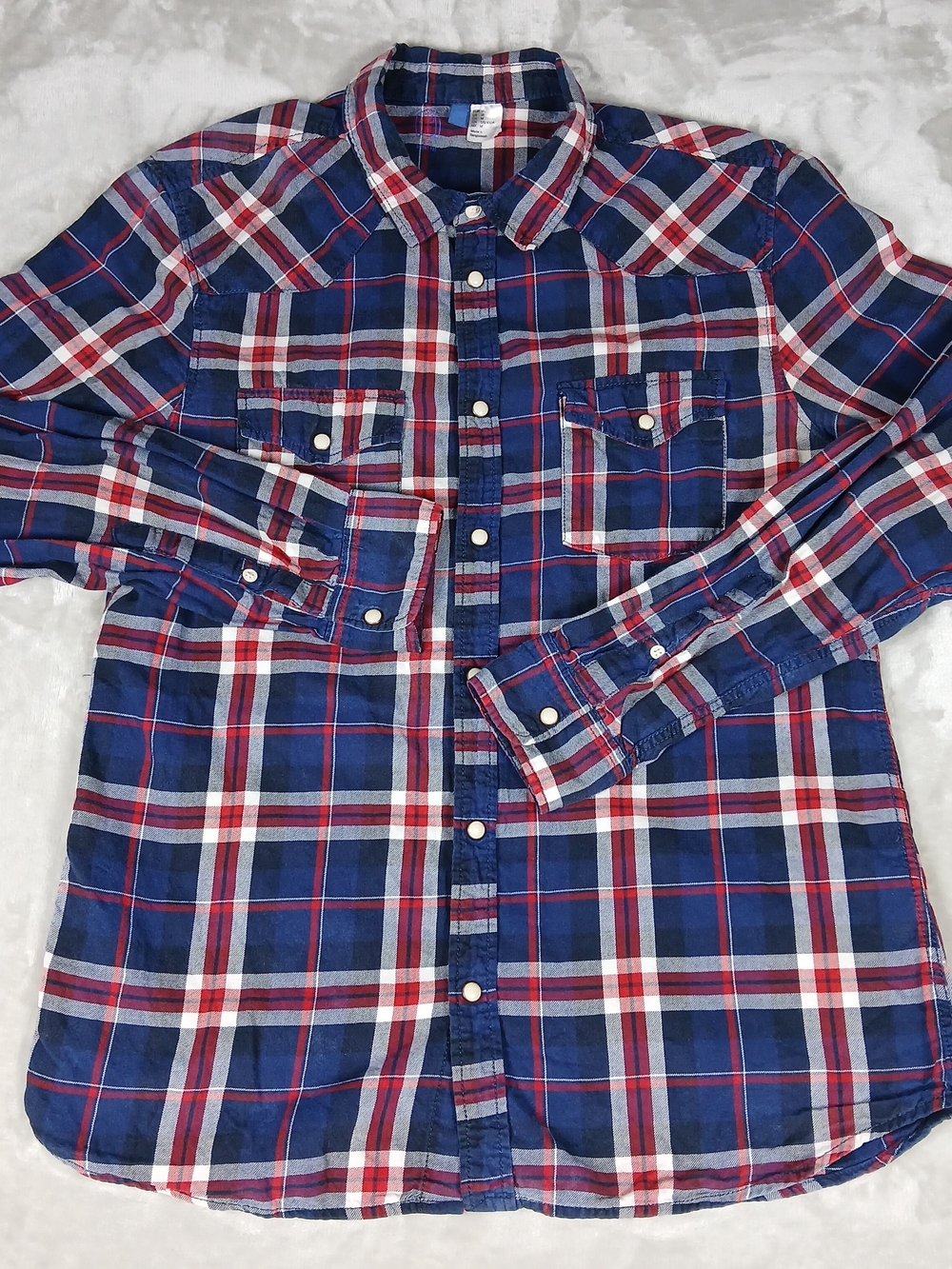 Western Pearl Snap Shirt M Men's Divided H&M Slim Fit Plaid Blue